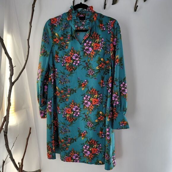 Halogen retro floral turquoise mini dress - Picture 1 of 10